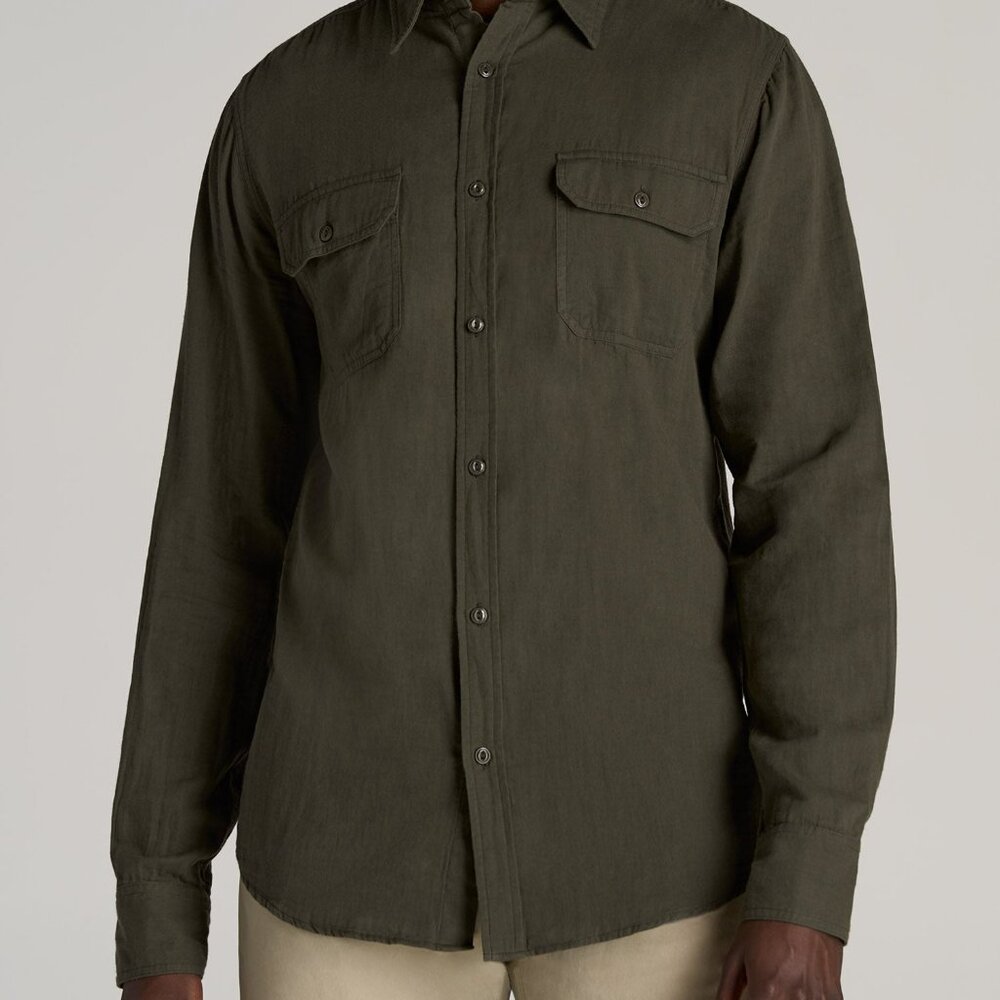 American Tall LJ&S Double Weave Shirt for Tall Men in Vintage Thyme Green Size L